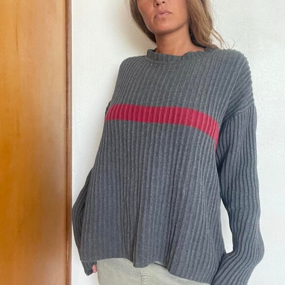 Iconic ribbed asymmetrical sweater with button detail dark navy and brownish col - Picture 4 of 5